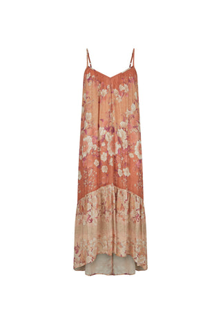  high-low floral maxi dress in a peach and pink color palette with a tie-dye pattern