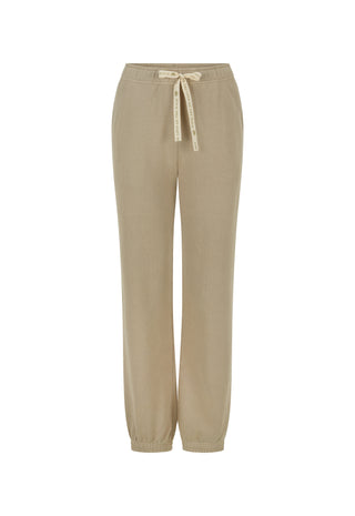 A pair of beige wide-leg jogger pants with an elastic waistband and a matching beige drawstring tie, shown against a plain white background.