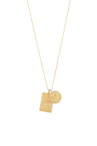 Front view of Spell’s Sagittarius Stargazer Zodiac Necklace. The double embossed pendant charm necklace comes in 22k Gold Vermeil and hangs from a twisted rope chain.
